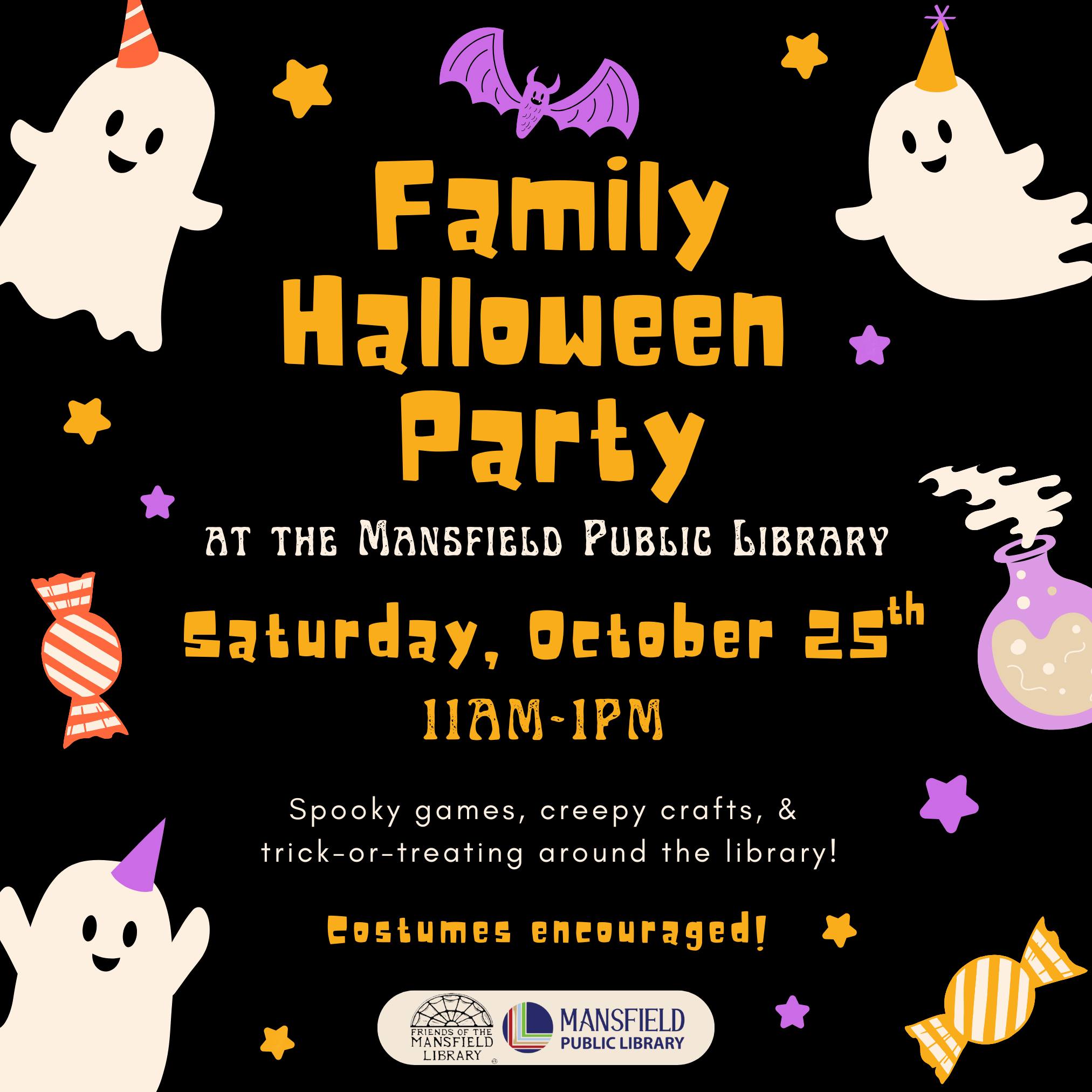 Decorative text announcing a Halloween party with illustrations of friendly ghosts and candy