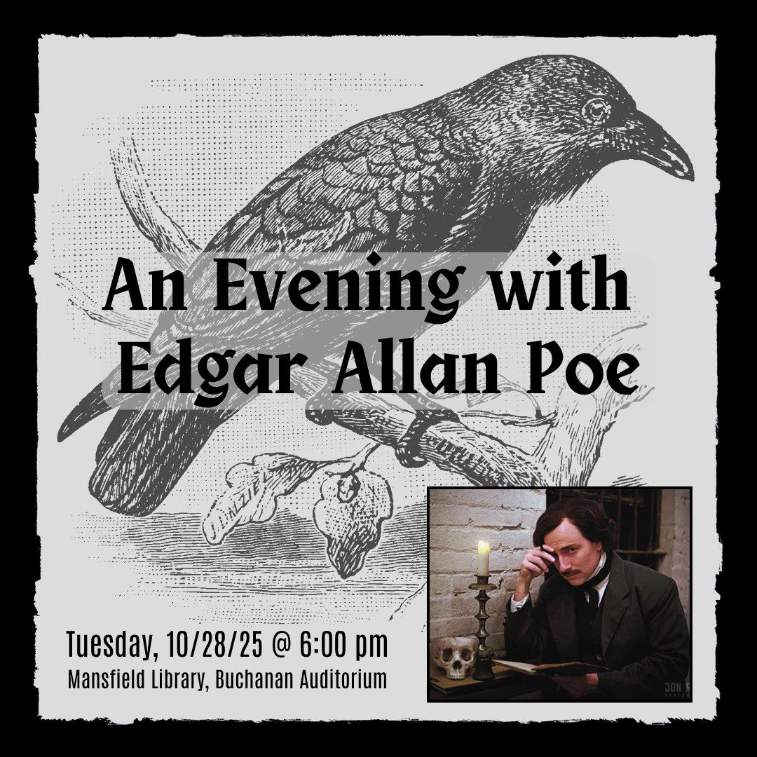 Decorative text announcing event on Edgar Allen Poe with an illustration of a crow