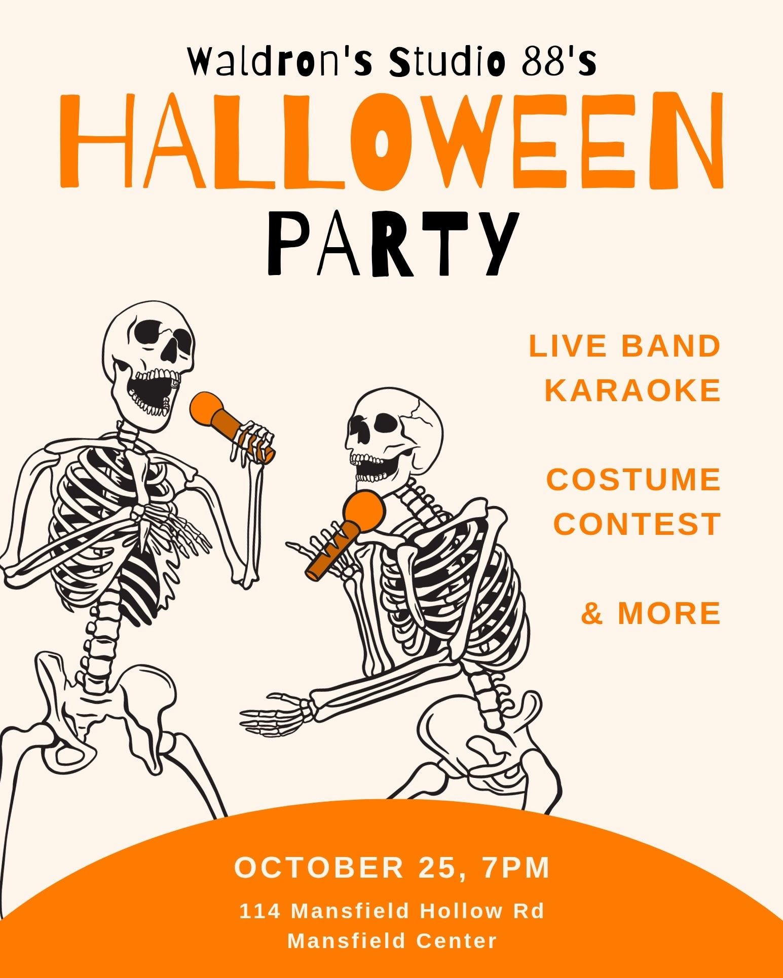 Illustration of two skeletons holding and singing into microphones, text about Halloween party