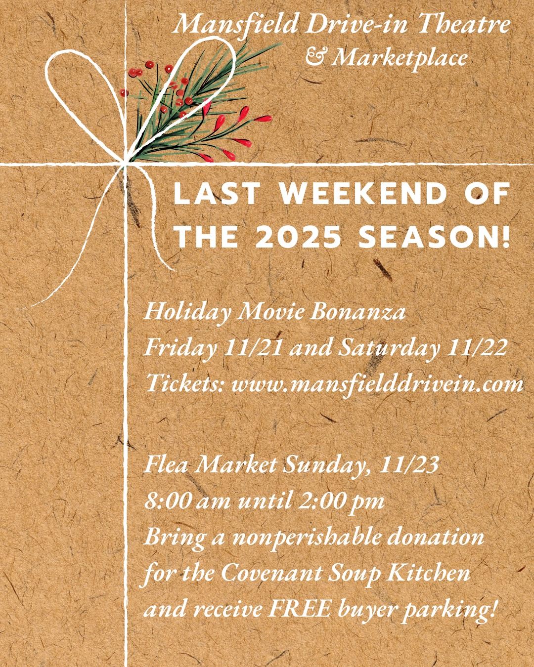 Decorate text providing details on food drive at Mansfield Drive-In Theatre & Marketplace