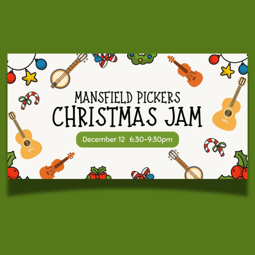 Illustrations of musical instruments and Christmas ornaments around "Mansfield Pickers Christmas 