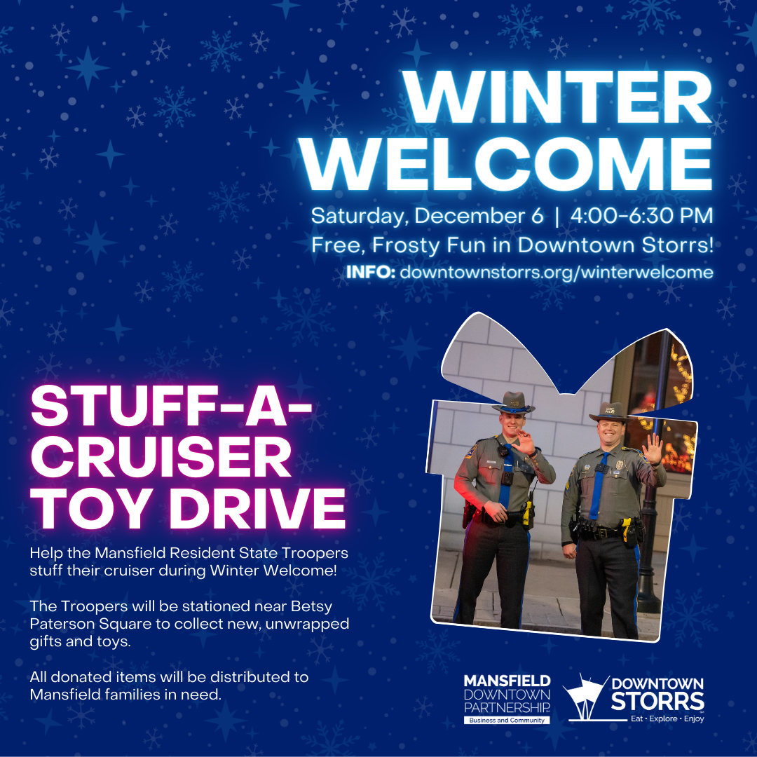 Flyer promoting toy drive includes photo of two police officers in uniform smiling and waving 