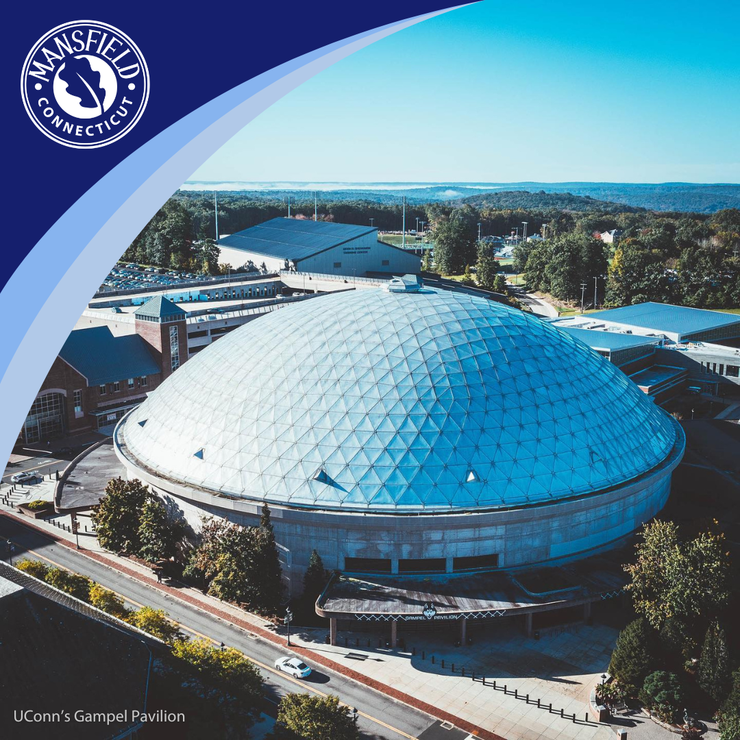 Aerial view of Gampel Pavilion on the University of Connecticut Storrs campus