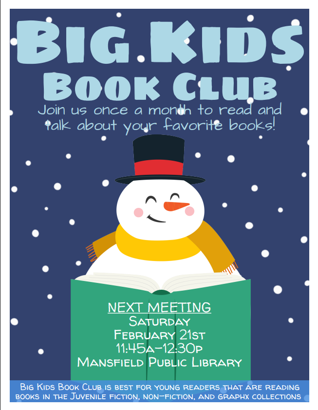 Big Kids Book Club flyer with snowman reading a book