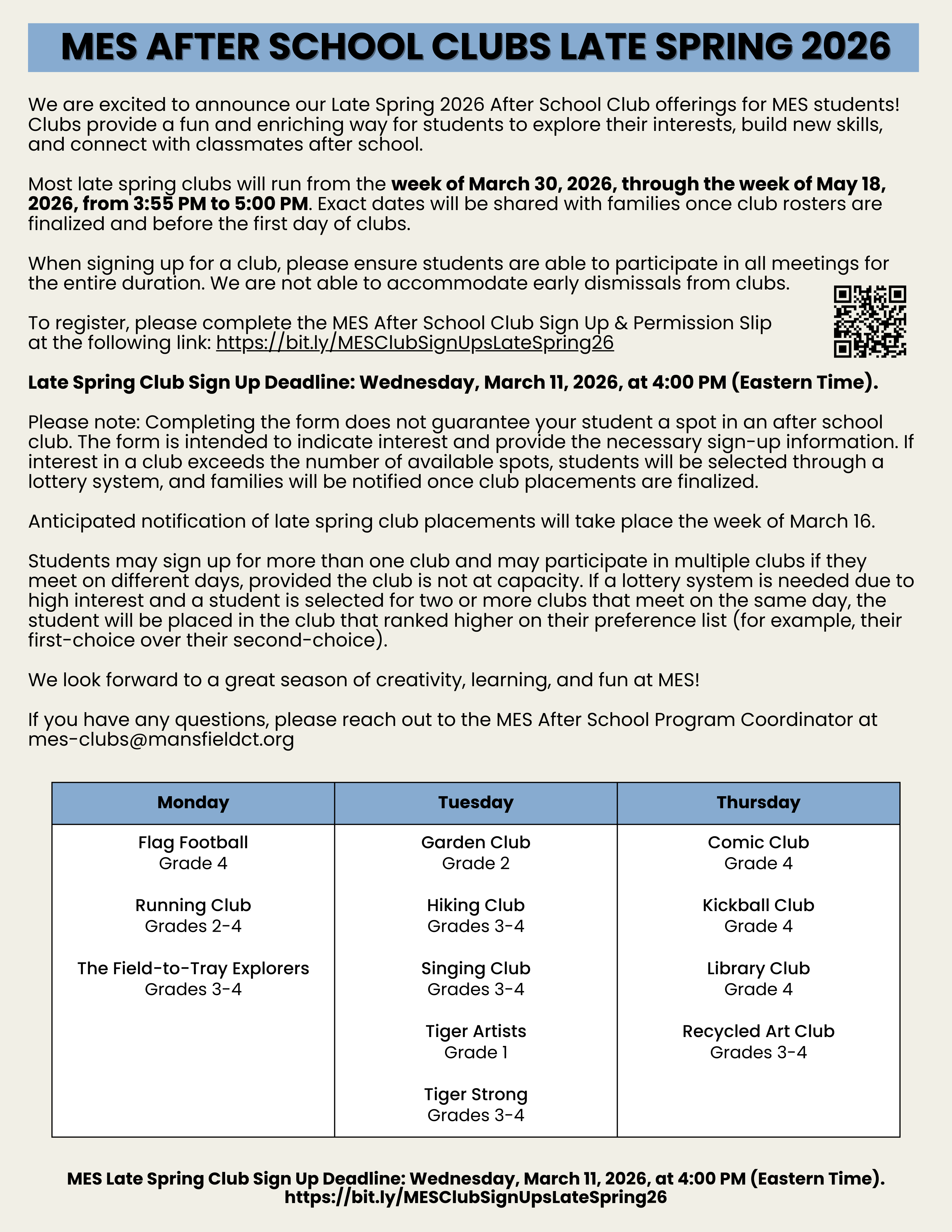 MES After School Club Offerings Late Spring 2026 Pg. 1