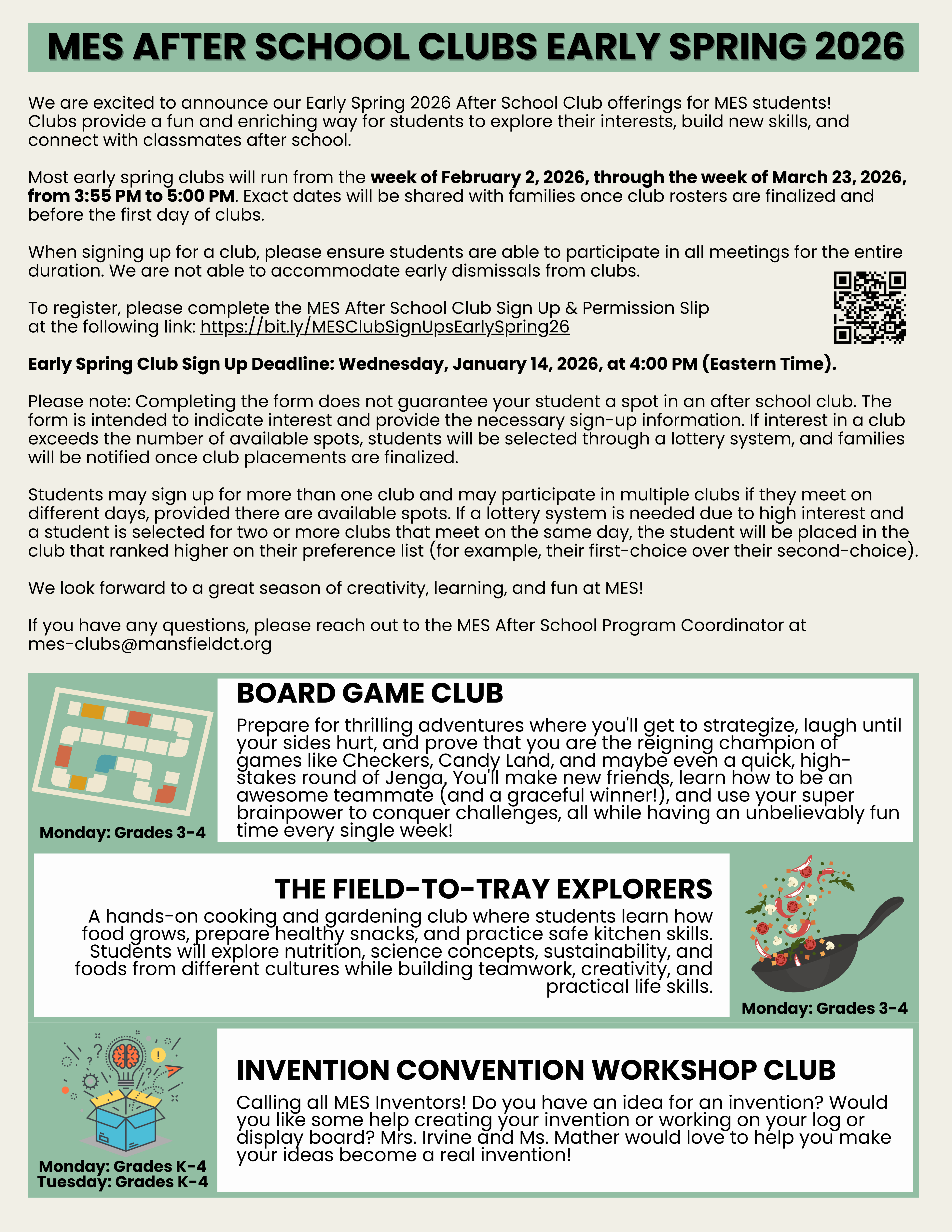 MES After School Club Offerings Early Spring 2026 Pg. 1